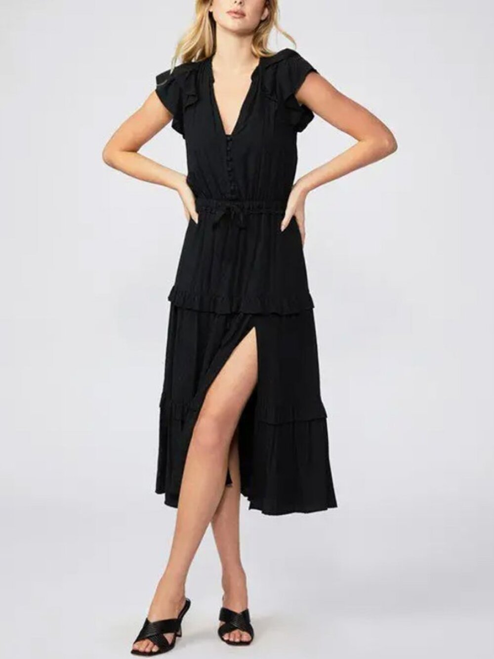 PAIGE Rozlyn Black Tiered Midi Dress Size XS